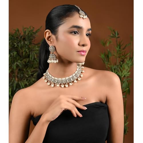 I Jewels Gold Plated Kundan Pearl Handmade Choker Necklace Jewellery & Jhumka Earring Set For Women (K7266)2