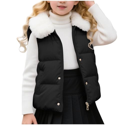 Girls Puffer Vest Fleece Collar Zip Up Button Sleeveless Down Jacket with Pockets Fall Winter Warm Full Zipper Down Vest