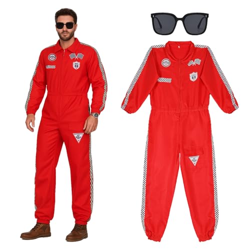 shyhand Rennfahrer Kostüm Herren Damen Overall Jumpsuit mit Sonnenbrille für Karneval Halloween Fasching Mottoparty Erwachsene Set