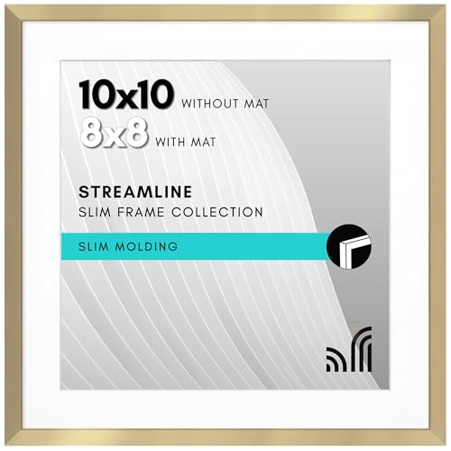Americanflat 10x10 Picture Frame with Shatter-Resistant Glass - Use as 8x8 Frame with Mat or Display 10x10 Photo Without Mat - Streamline Collection - Square Frames for Tabletop or Wall - Gold
