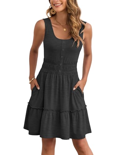 Image of AUSELILY Women Summer Dress Sleeveless Tank Button Down Dresses | Tank button down dress, Empire waist smocked, Casual beach vacation summer dresses with pockets