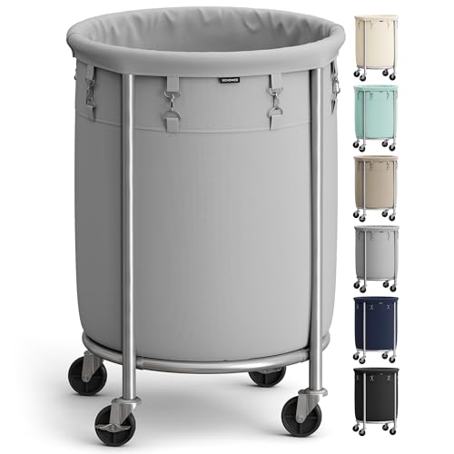SONGMICS 29-Gallon (110 L) Laundry Basket with Wheels, Rolling Round Heavy-Duty Laundry Hamper Cart with Steel Frame and Removable Bag, 2 Locking Wheels, Gray and Metallic Silver URLS002G01 