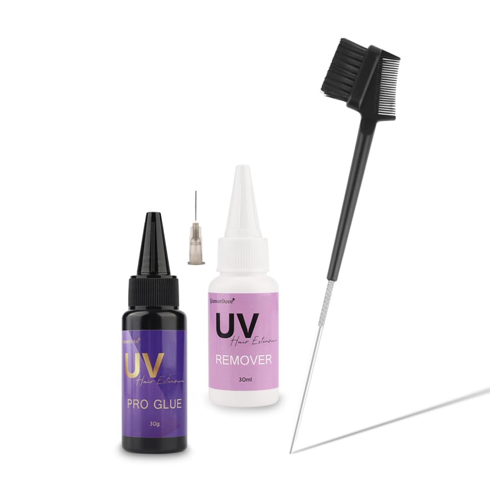 GlamorDove Super Fast UV Hair Extension Tool Kit - 30g Glue Remover, Bonding Glue, Replacement Accessories, Styling Comb for Invisible Extensions