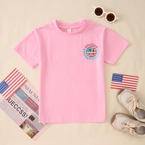 Image of MODNTOGA Boys Girls 4th of July Shirt USA Flag Graphic T-Shirt Big Kids America Print Short Sleeve Patriotic Holiday Tee Tops (Pink, 7-8 Years)