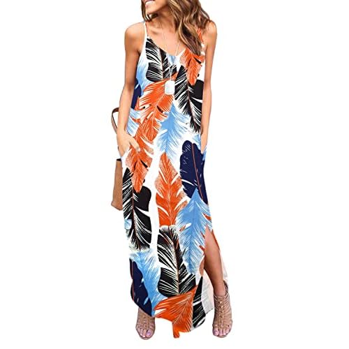 HUSKARY Women's Summer Casual Sleeveless V Neck Strappy Split Loose Dress Beach Cover Up Long Cami Maxi Dresses with Pocket Small Leaf Print
