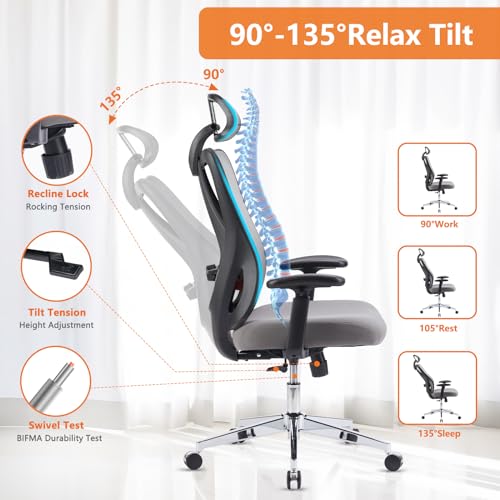 Image of Sweetcrispy Home Office Desk Chair, Ergonomic Rolling Work Swivel High Back 135Tilt Function Big and Tall Computer with Wheels, 2D Armrest Adjustable Lumbar Support & Headres, Modern Grey