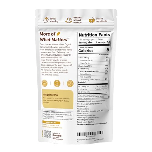 Image of Micro Ingredients Organic Lemon Juice Powder 2 Pack | Cold-Pressed Lemon Source | Natural Vitamin C | No Sugar or Additives | Great for Drinks, Smoothies & Beverages | Non-GMO, Vegan Friendly