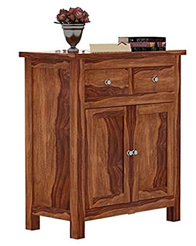 Image of SHIKHA WOOD CRAFT Solid Sheesham Wood Sideboard Cabinet with 2 Drawers and 2 Doors Storage | Wooden Multipurpose Cabinet Storage Furniture for Living Room, Bedroom, Hotel, and Kitchen (Brown Finish)