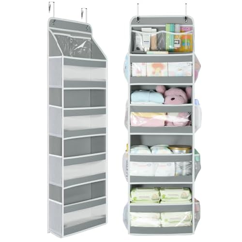 Yecaye 5 Tier 1Pc Over the Door Organizer, Swing-proof Door Organizer Hanging with Clear PVC Windows, Behind the Door Storage for Bedroom Nursery Closet Laundry Pantry Bathroom, Grey