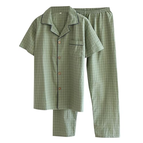 Men's Pajamas Summer Thin Washed Cotton Fabric Short Sleeved Long Pants Home Clothing Plaid Summer Pajama Pants