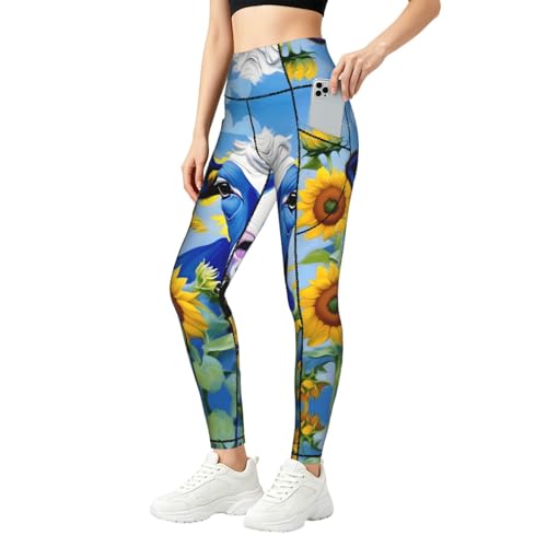 Leggings para gimnasio con estampado de vaca azul de mujer que estilizan la silueta