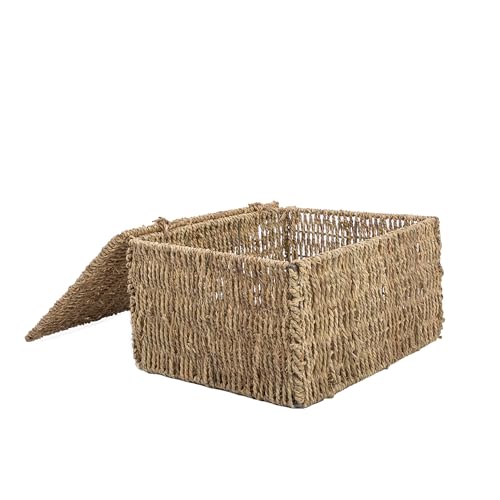 WICKERFIELD Seagrass Woven Storage Basket and Gift Basket Hamper and Box With Lid for Home Storage of Shelve Bathroom Collection Reusable Rectangular Brown (Medium) Medium Medium Medium Medium Medium