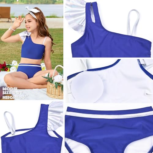 Image of Perfashion Girls Swimsuit Bikini Set Two Piece Bathing Suit Metallic Ruffled One Shoulder Swimwear with Hairband 4-13Y