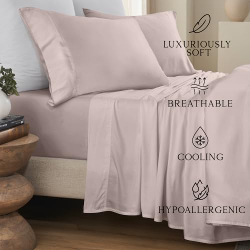 Image of KARISSA MAE Bamboo Viscose 34 inch Split Top King Size Sheet Set, FSC Certified | Single 34 inch Split Fitted Sheet | Sleep Number & Adjustable Bed | Cooling | 18 inch Deep Pocket w / Corner Straps [Dusty Rose]
