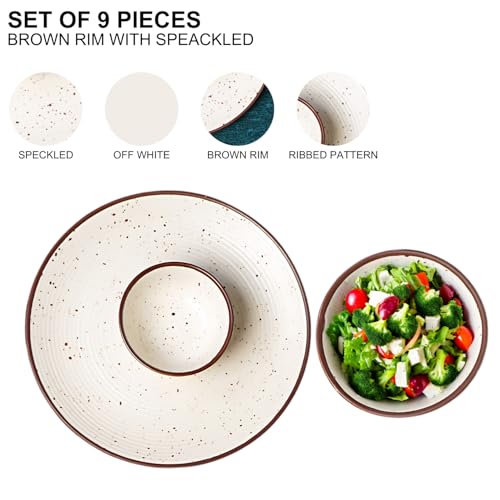 Image of Freakway Handcrafted Off White Stoneware Pack of 9 Pieces Ceramic Dinner Set 4 | Crockery Set for Dining Table | 4 Dinner Plates, 4 Bowl /katori & 1 Serving Bowl | Microwave & Dishwasher Safe