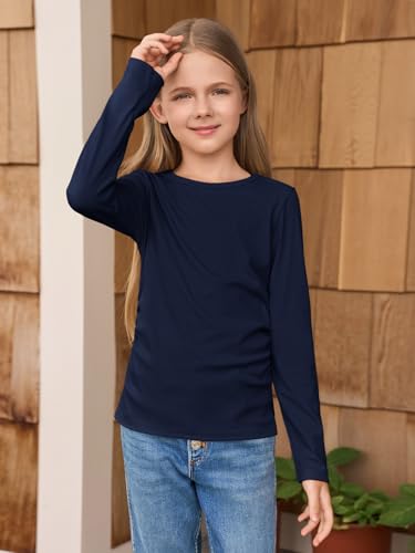 Image of Haloumoning Girls Long Sleeve Shirts Crewneck Ruched Side Slim Fit Tops Ribbed Knit Casual Tee Shirt 4-15 Years