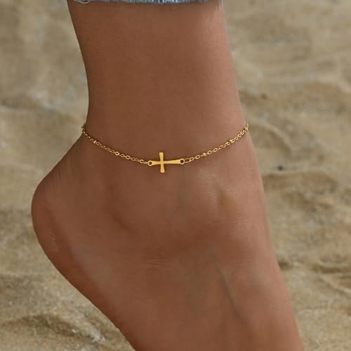 Image of NONAMOIS Ankle Bracelets for Women Dainty 18K Gold Plated Anklet Waterproof Round Beaded Paperclip Herringbone Pearl Chain Anklets Waterproof Beach Foot Jewelry