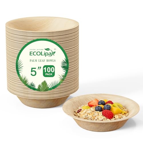 ECOLipak 5 Inch Compostable Palm Leaf Bowls Like Bamboo Bowls 100 Pack Disposable Biodegradable Bowls Suitable for Party Dinner