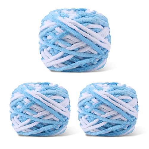 Image of Plush Chenille Chunky Yarn for Crocheting 100g(54.6yd) - Bulky Thick Fluffy Yarn for Knitting- Soft Velvet for Baby, Blanket Knitting Blanket Yarns- Amigurumi Yarns (3-Blue + White)