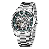 GLENAW Automatic Watches for Men - Self-Winding Mechanical Movement, Skeleton Open Dial, 30 ATM Waterproof, with Stainless Steel Band, Wrist Watch, Without Battery (8687-Silver Black)