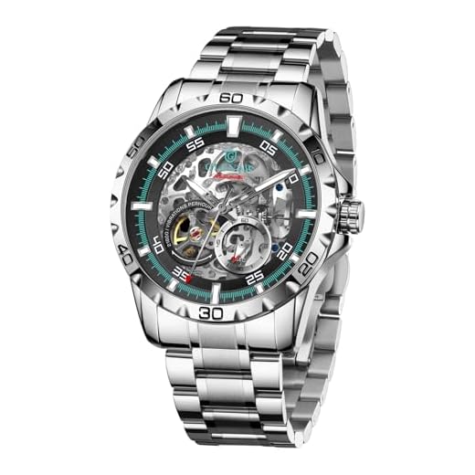 GLENAW Automatic Watches for Men - Self-Winding Mechanical Movement, Skeleton Open Dial, 30 ATM Waterproof, with Stainless Steel Band, Wrist Watch, Without Battery (8687-Silver Black)