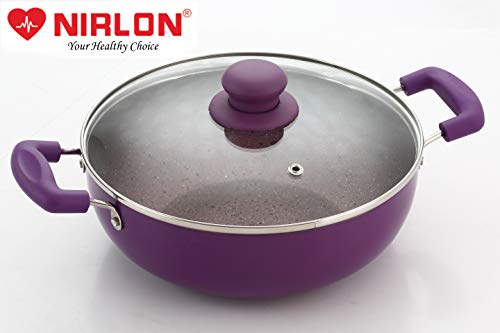 Image of Nirlon Regal Purple Induction Base Non Stick Aluminium Deep Kadhai with Glass Lid, 240mm, 3 LTR (Color - Purple)