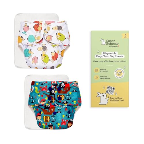 Image of SuperBottoms BASIC Cloth Diaper Pack of 2 with UltraThin Dry Pad & 5 Disposable Easy Clean Top Sheets | Reusable & Washable | Adjustable Fit for Babies 3m-3y