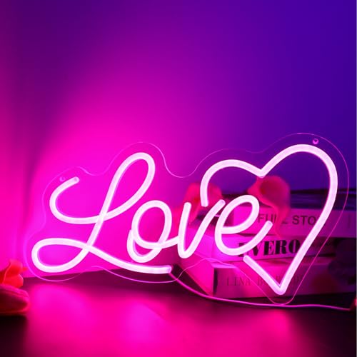 ENUOLI Signe Néon LOVE, Signes Néons Éclairés LOVE pour Mur de Chambre USB Signe LOVE Réglable Signes Néons en Forme de Cœur Rose pour Chambre à...