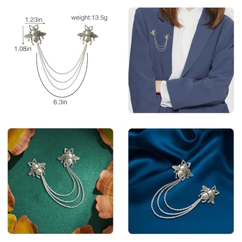 Image of Vintage Metal Rose Bee Lapel Pin for Men Collar Pins Gold Plated Silver Plated Flower With Hanging Chain Lapel Pins for Men's Suit Accessories Brooch Pin Fashion Jewelry for Men Women