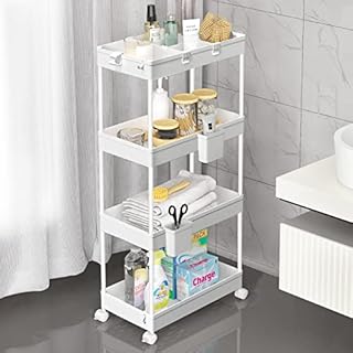 SPACEKEEPER Storage Trolley 4-Tier Rolling Utility Cart Slide Out Shelving Organization Shelf for Laundry Bathroom Kitchen with Two Small Containers & Hooks White
