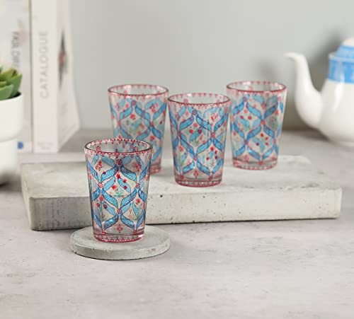 Image of India Circus By Krsnaa Mehta Blooming Dahlia Printed Kullad Tea Serving Chai Coffee Cups Glasses | Multicolour | Set of 4, 140 mL Each