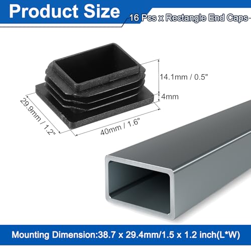 Image of uxcell 16 Pcs Rectangle Tubing End Caps 1 9 /16 x 1 3 /16 Inch Plastic Hole Plugs Insert End Cap for Metal Tubing Post Chair Leg Table Bookshelves Furniture, Black
