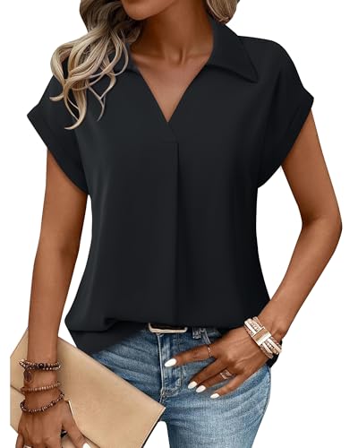 Gaharu Women's Summer Work Blouse V Neck Short Sleeve Lapel Shirt Top Tunic, Black, X-Large