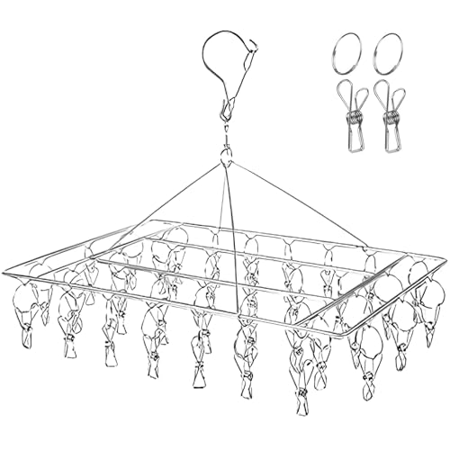 Qualsen Tenderetes de Ropa Tendedero Calcetines con 36 Clips Gancho Giratorio de Acero Inoxidable Colgador Ropa Interior, Plantillas de Zapatos, Ropa de bebé, Guantes (Cuadrado)