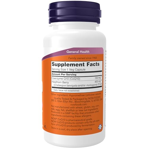 Image of NOW Foods Supplements, CoQ10 100 mg with Hawthorn Berry, Pharmaceutical Grade, All-Trans Form produced by Fermentation, 90 Veg Capsules