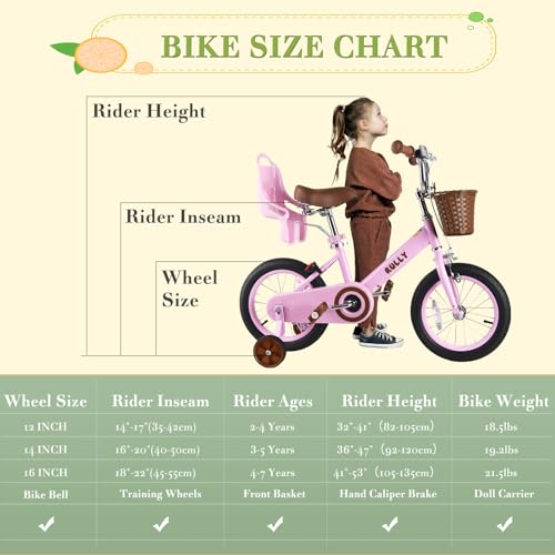 RULLY Bicicleta infantil de 35,5 cm para meninas e meninos de 3, 4 e 5 anos, com rodas de treinament