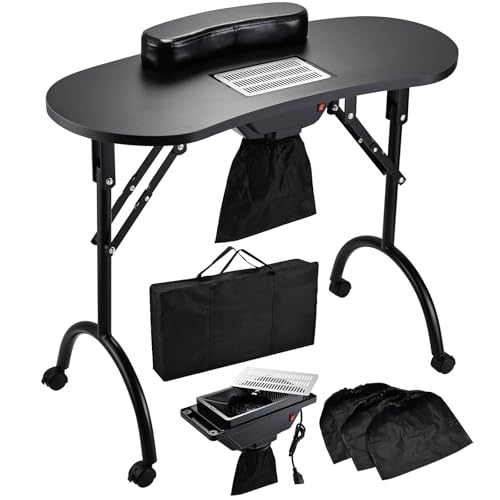 Faquenc Nail Table with Nail Dust Collector, Portable Nail Desk Rolling Manicure Table for Nail Tech...