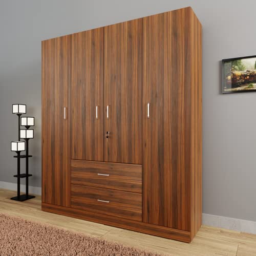 Image of VIKI Wardrobe | Wooden Almirah for Clothes,Door for Bedroom, 4 Door Wardrobe with Drawer & Hanging Space (Brussel Walnut - 40D x 160W x 180H) | 1 Year Warranty | Free Assembly