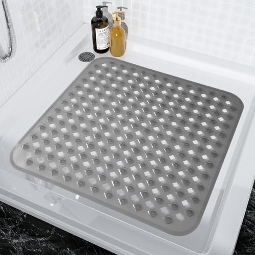 Padoor SHOWER MAT 2121-CLEAR GREY Shower Mat Non Slip, 21 Inchx21 Inch Machine Washable Shower Mats For Inside Shower With Suction Cups And Drain Holes, Extra Safe Standing Bathtub Mat，Bathroom Accessories cover