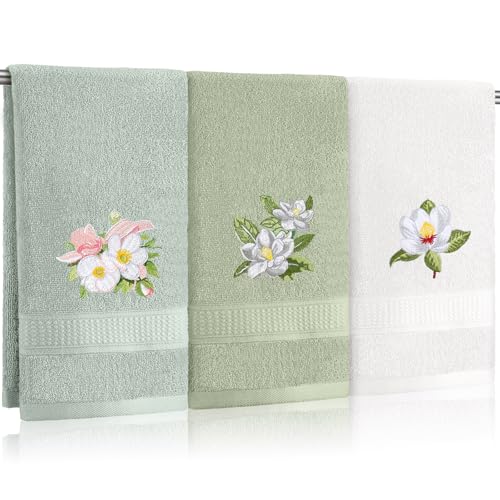 Tingjoo Magnolia Floral Hand Towels Farmhouse Green White Magnolia Bathroom Decor 14x29 Inch Embroidered Decorative Cute Summer Flowers Cotton Soft Absorbent Hand Towels for Bathroom Kitchen