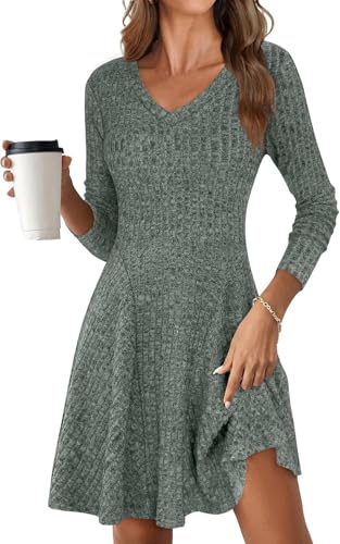 ROFUSSO Strickkleid Damen Langarm Kleider Herbst V Ausschnitt Pulloverkleid Elegant Gestrickt Midikleid Lässiger Knielanger A Linie...