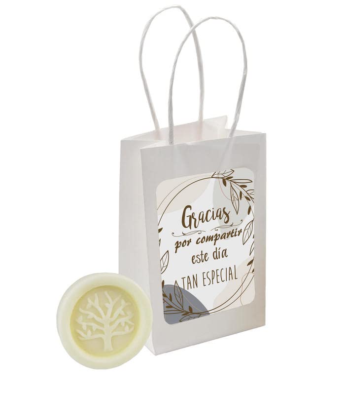 JABON Y BOLSA CON PEGATINA PARA BODA COMUNION BAUTIZO EVENTO CONFIRMACION LOTE 25unidades Recuerdos. Regalos Originales. Papelería.Detalles de Bodas, mi primera Comuniones, Bautizos, Cumpleaños.