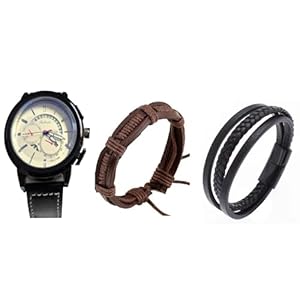 Mr. Gadget’s Solutions Men’s Quartz Watch with Analogue Display Date Window and Black Leather Strap & 2 Piece Leather Bracelets for Men Braided Rope Bracelet Cuff Set of 3