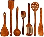 Green Wood Stylish Wooden 7 Pcs Cooking Spoon, Kitchen Tool Set – Serving Spoon, Table Spoon, Salad Spoon, Measuring Spoon | Medium, Non-Chemical, Eco-Friendly (Brown1)