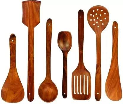 Ace Wood Crafts Handcrafted Wooden Kitchen Utensils Set, 7 Pieces, Durable Teak Wood