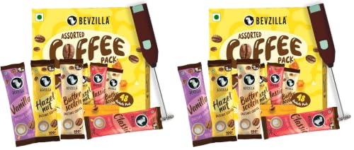 Image of Bevzilla 48 Flavoured Coffee Sachets With Frother (48X2 Gram) | 12 Pouch Each Flavour | Hazelnut, Vanilla, Classic & Butterscotch | Cafe Coffee Kit (Pack of 2)