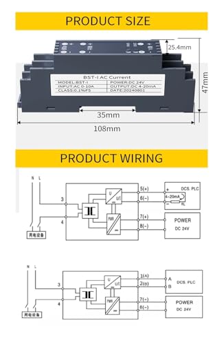 Transmisor de corriente AC 0-20A a DC 24V con salida analógica 4-20mA 4