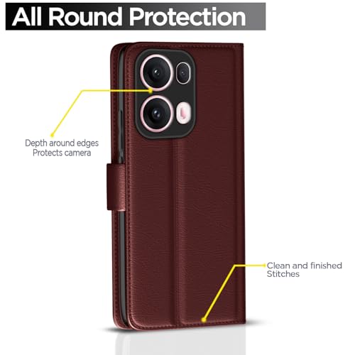 Image of Pikkme Flip Cover Leather Finish | Inside TPU with Card Pockets | Wallet Stand and Shock Proof | Complete Protection Button Flip Case for Oppo Reno 13 Pro 5G(Brown)