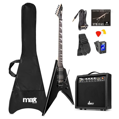 Max Pack Guitare Électrique Style V avec Ampli 40 Watts et Nombreux Accessoires, Housse, Accordeur, Cordes de rechange, Sangle, Câble 3m et Médiators, Kit...