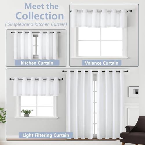Image of Simplebrand Pure White Kitchen Valances for Windows 18 Inches Long 2 pack, Light Filtering Window Valances for Living Room, Grommet Short Straight Drape Kitchen Curtains for Bedroom Kids Room, 40Wx18L
